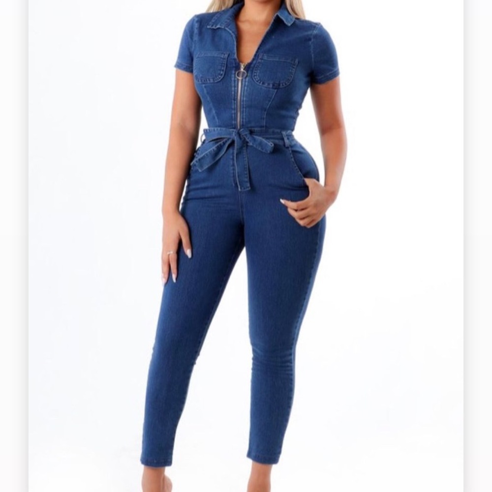 Blue Jean romper with zipper in the front and tie around the waist